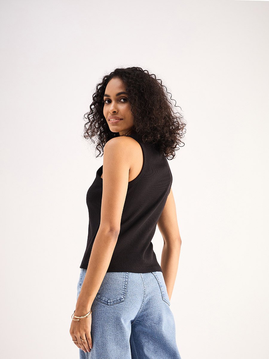 Women Black Ribbed Sleeveless Round Neck Top