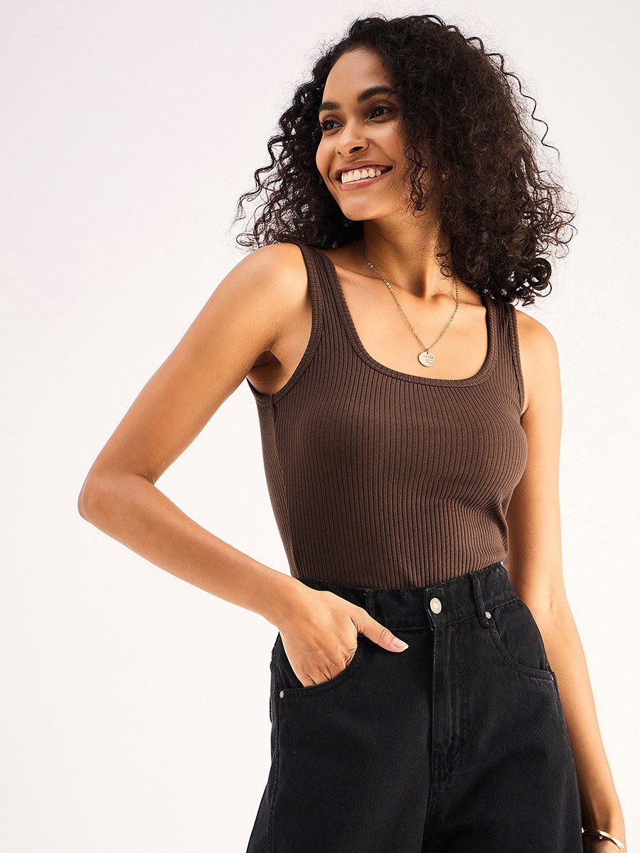 Women Brown Ribbed Sleeveless Square Neck Top