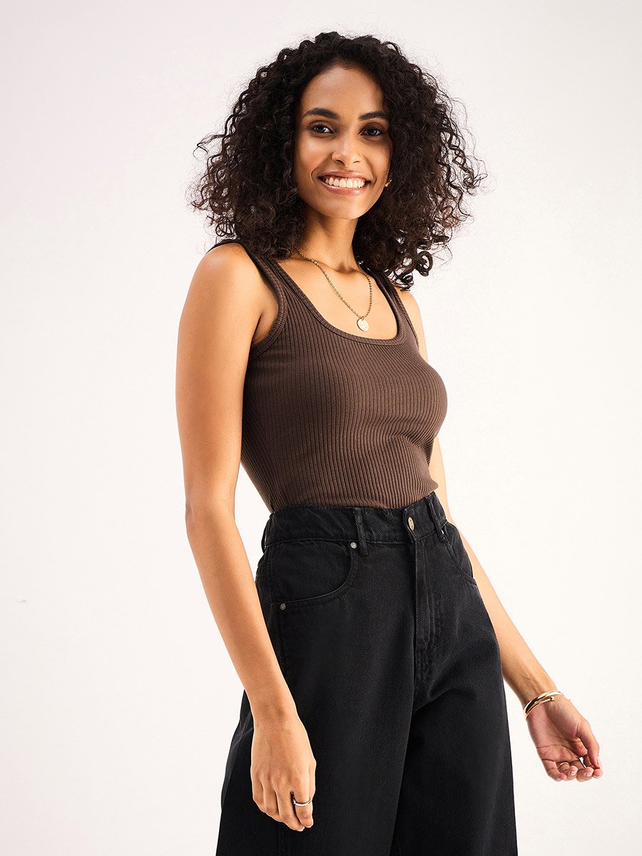 Women Brown Ribbed Sleeveless Square Neck Top