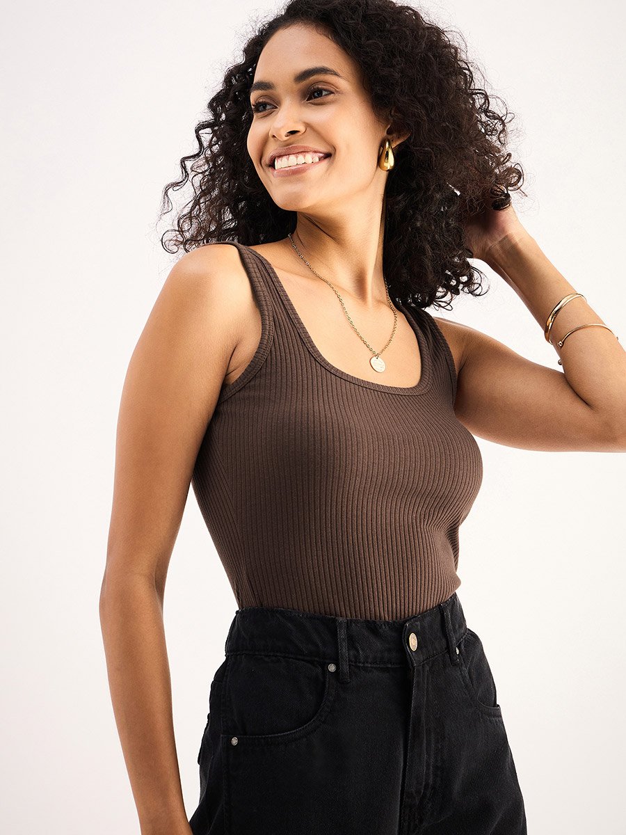 Women Brown Ribbed Sleeveless Square Neck Top