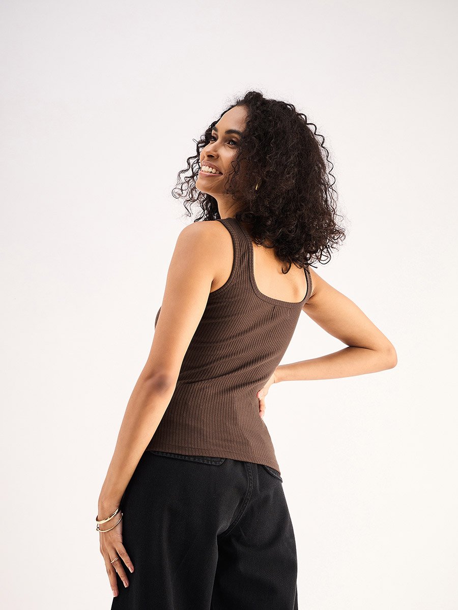 Women Brown Ribbed Sleeveless Square Neck Top