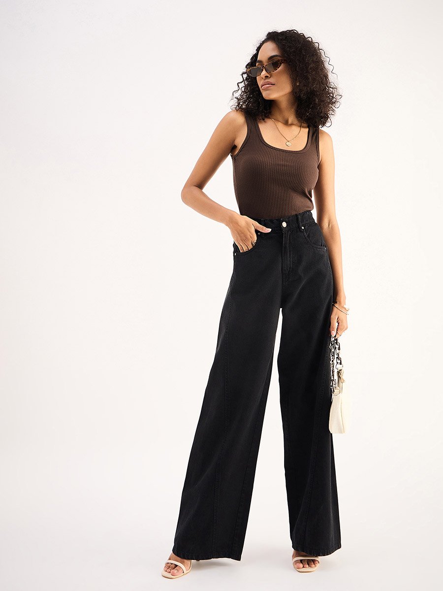 Women Brown Ribbed Sleeveless Square Neck Top