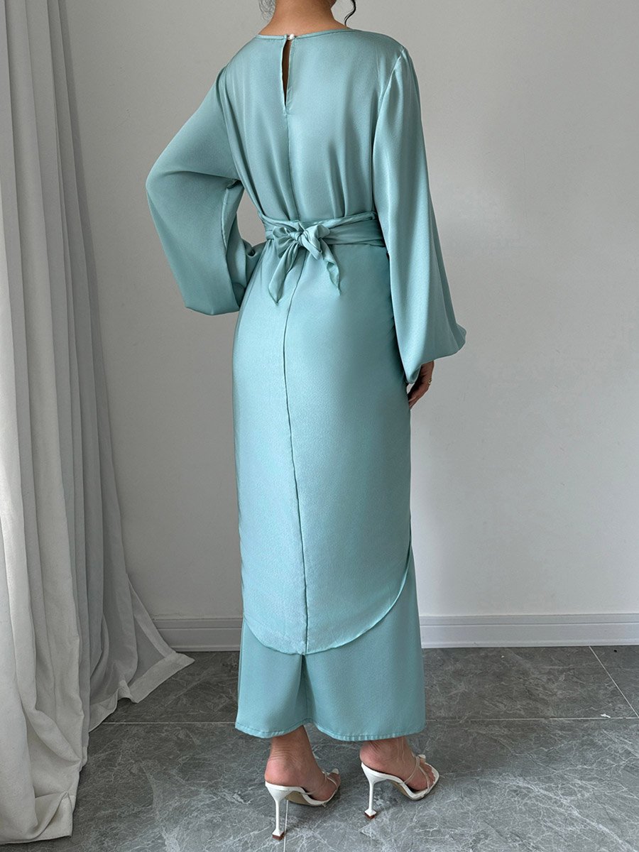 Solid Twist Waist Long Sleeve Midi Dress