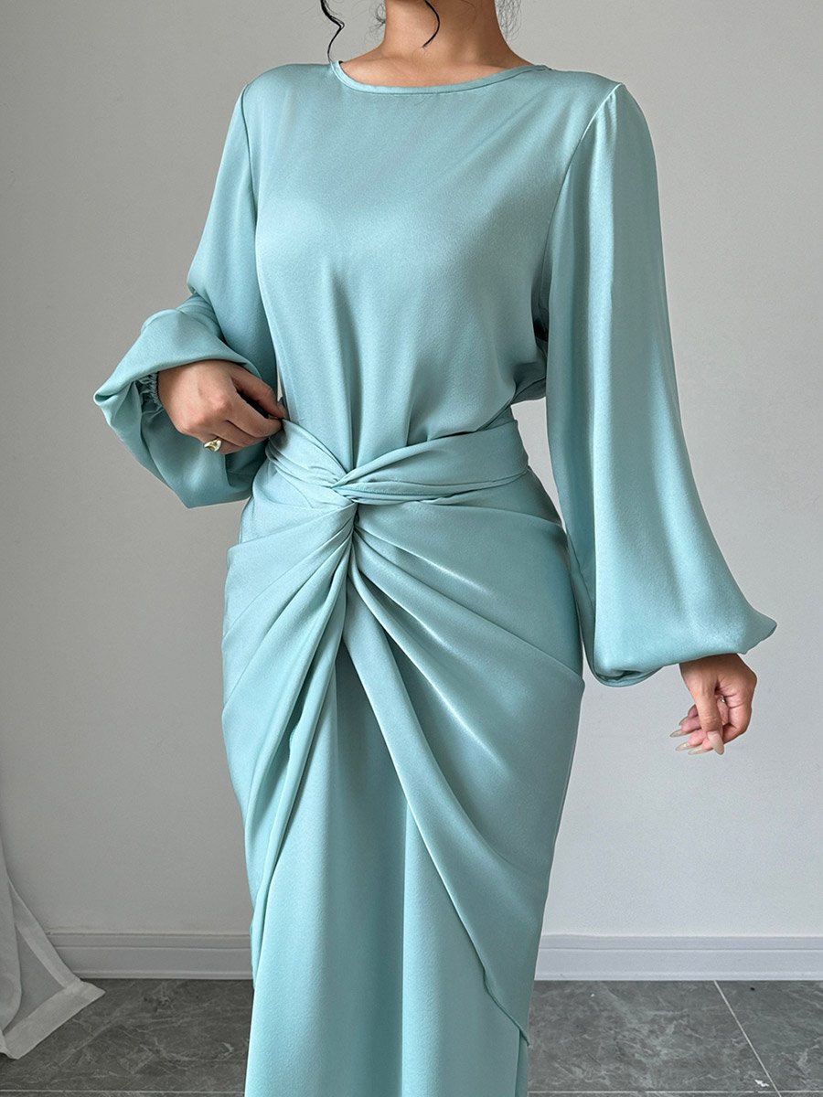 Solid Twist Waist Long Sleeve Midi Dress