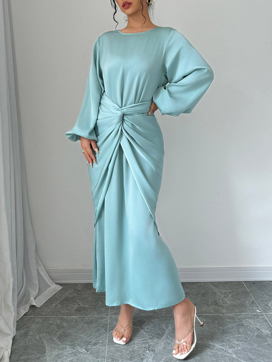 Solid Twist Waist Long Sleeve Midi Dress