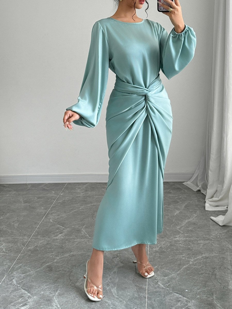 Solid Twist Waist Long Sleeve Midi Dress