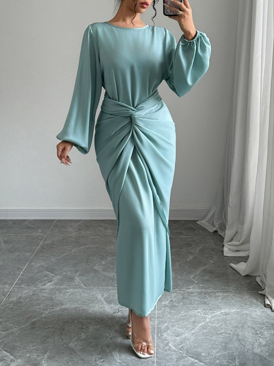 Solid Twist Waist Long Sleeve Midi Dress