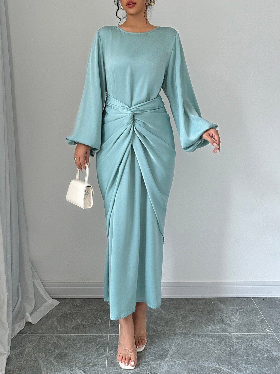 Solid Twist Waist Long Sleeve Midi Dress