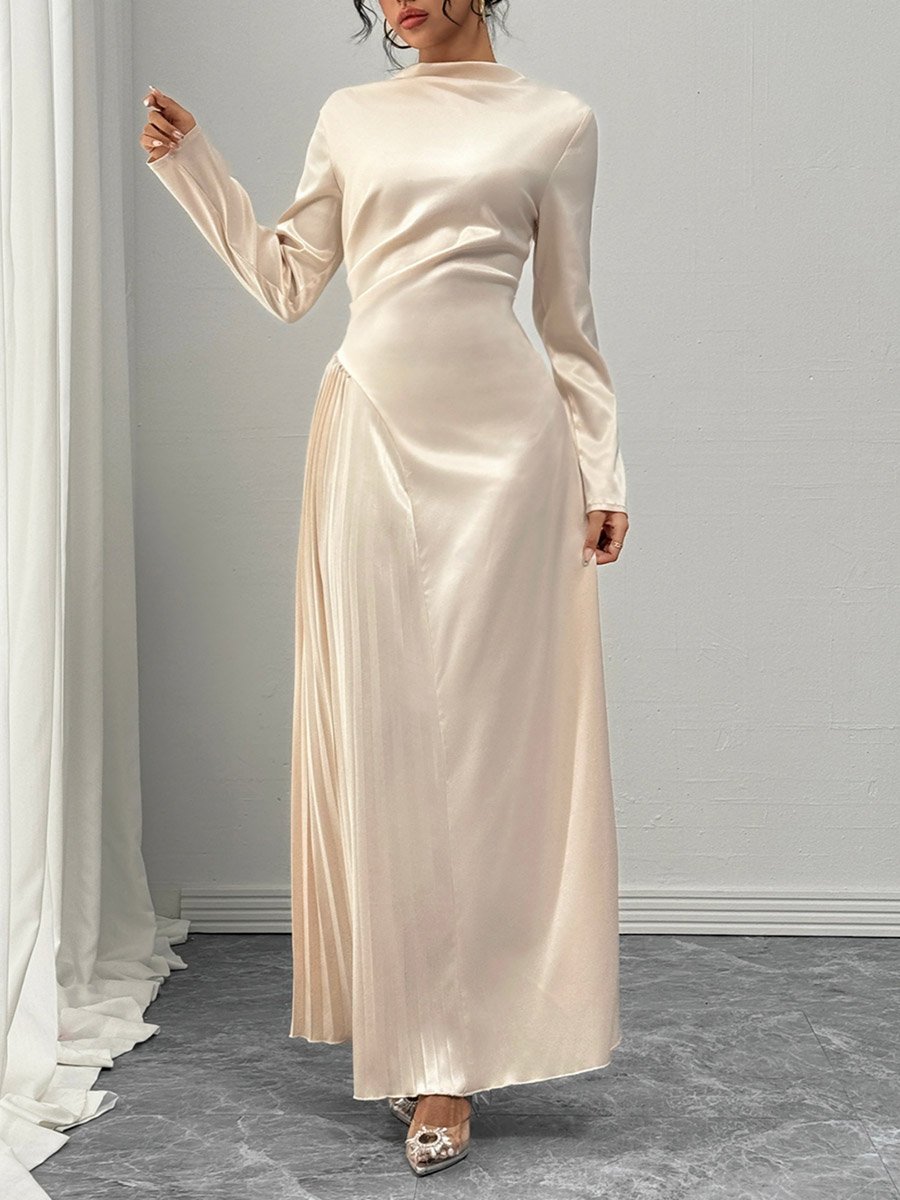 Solid High Neck Pleated Detail Maxi Dress