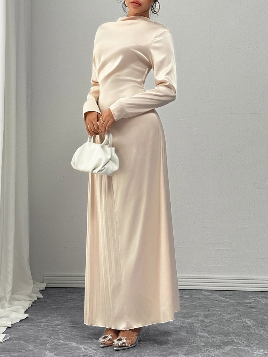 Solid High Neck Pleated Detail Maxi Dress