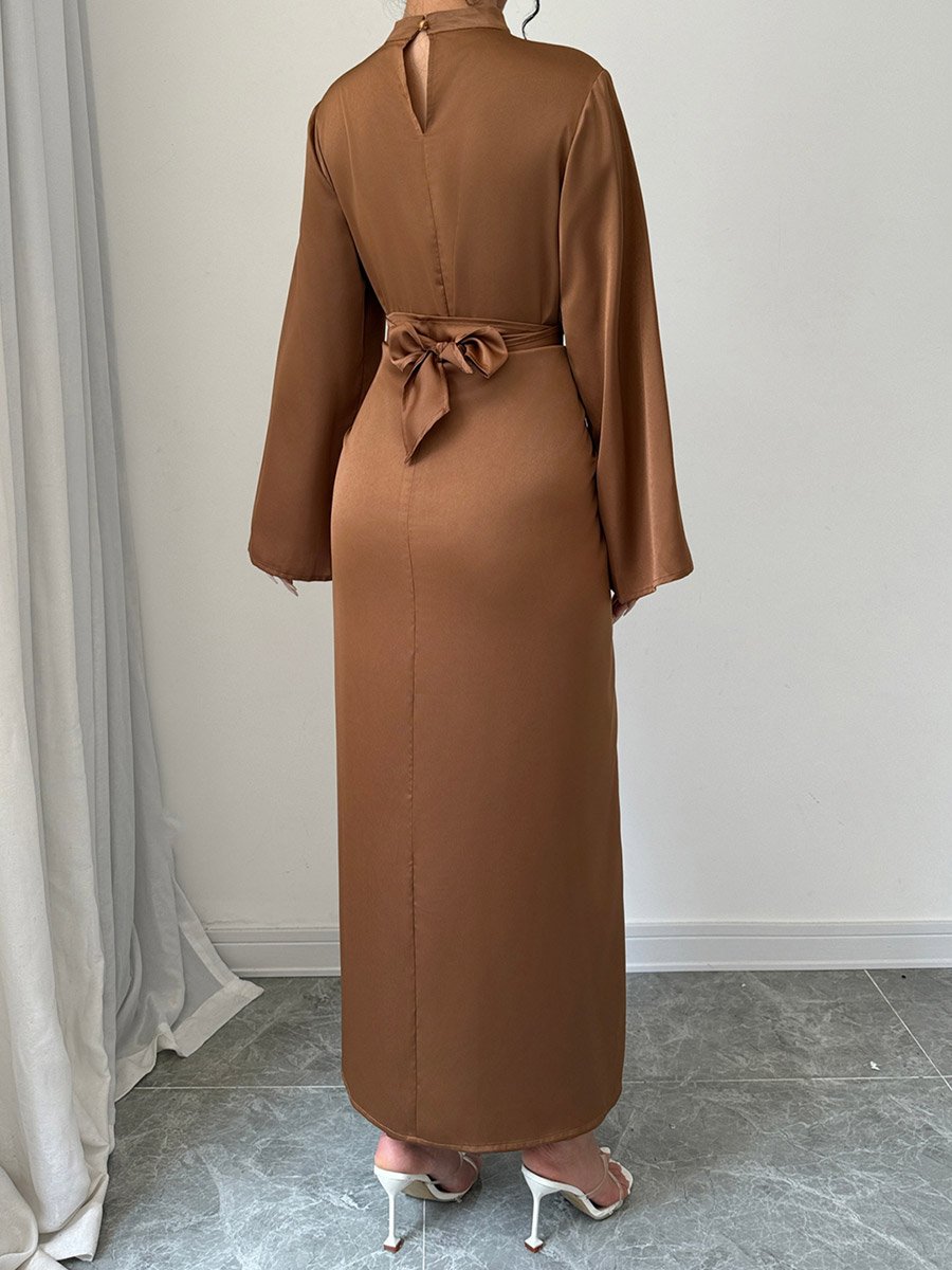 Solid Twist Waist Long Sleeve Midi Dress