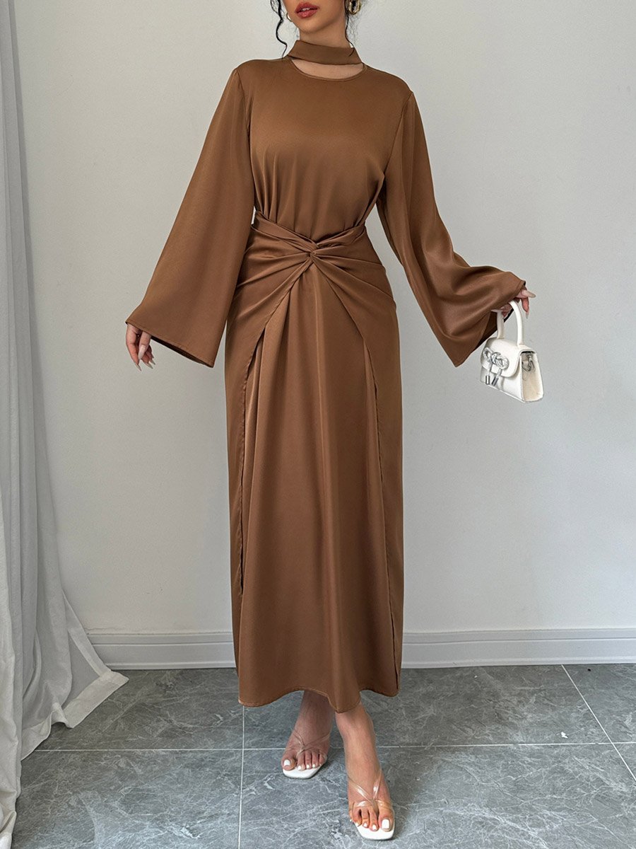 Solid Twist Waist Long Sleeve Midi Dress