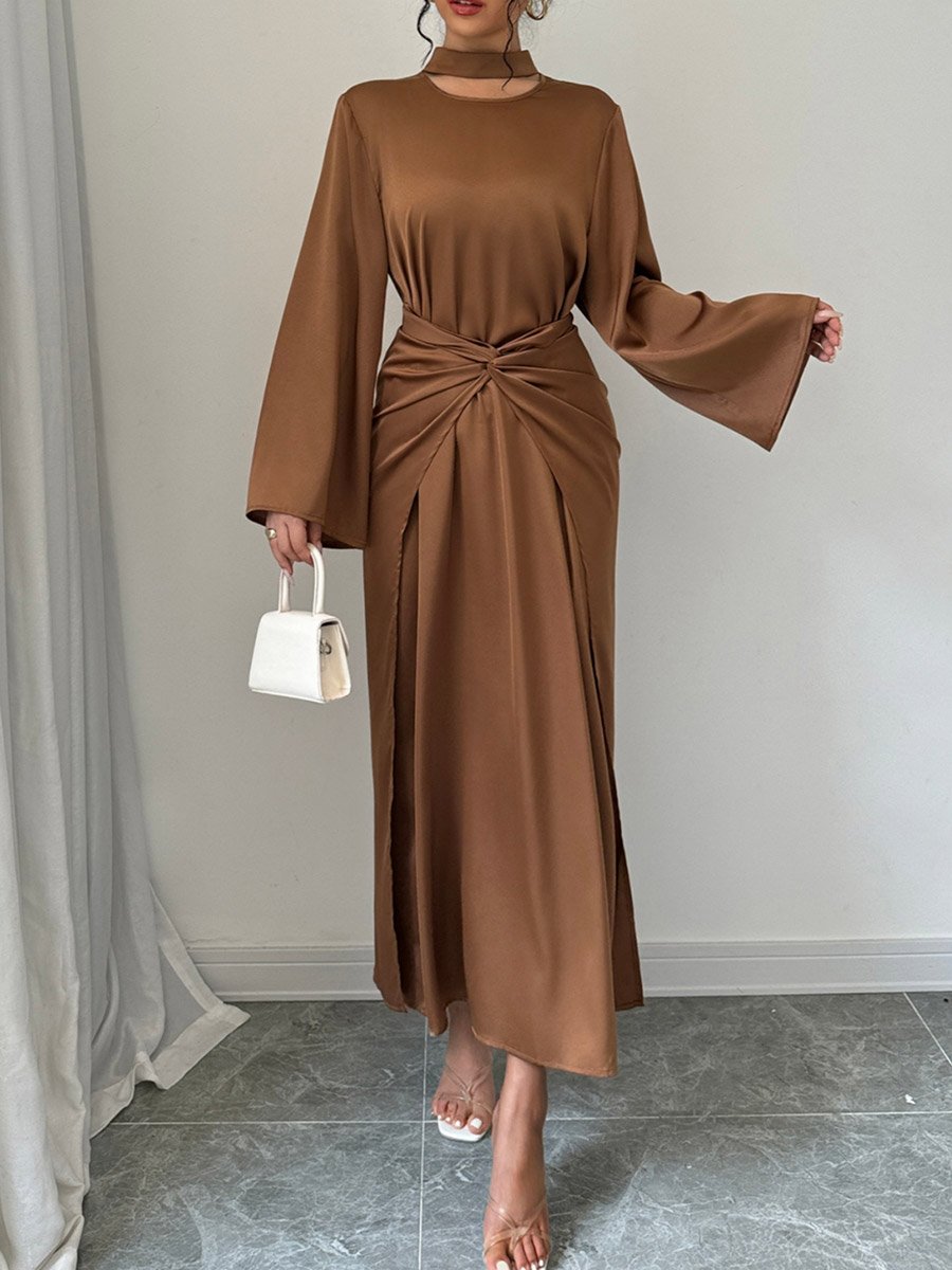 Solid Twist Waist Long Sleeve Midi Dress