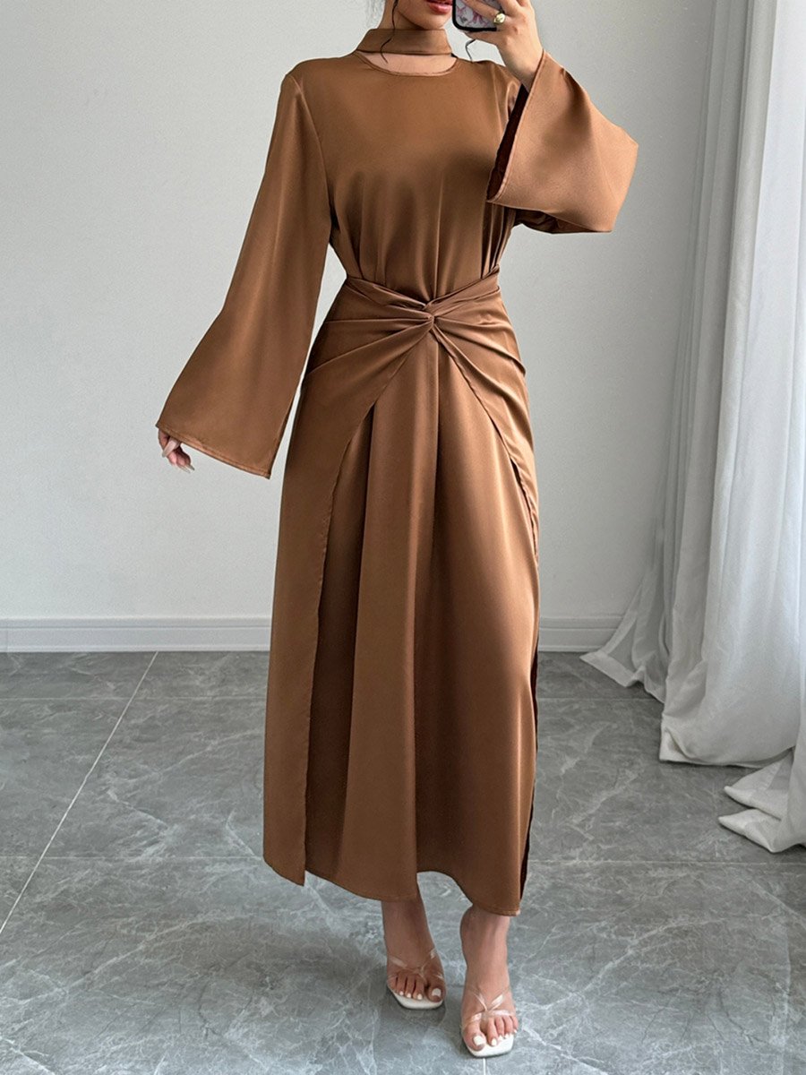 Solid Twist Waist Long Sleeve Midi Dress