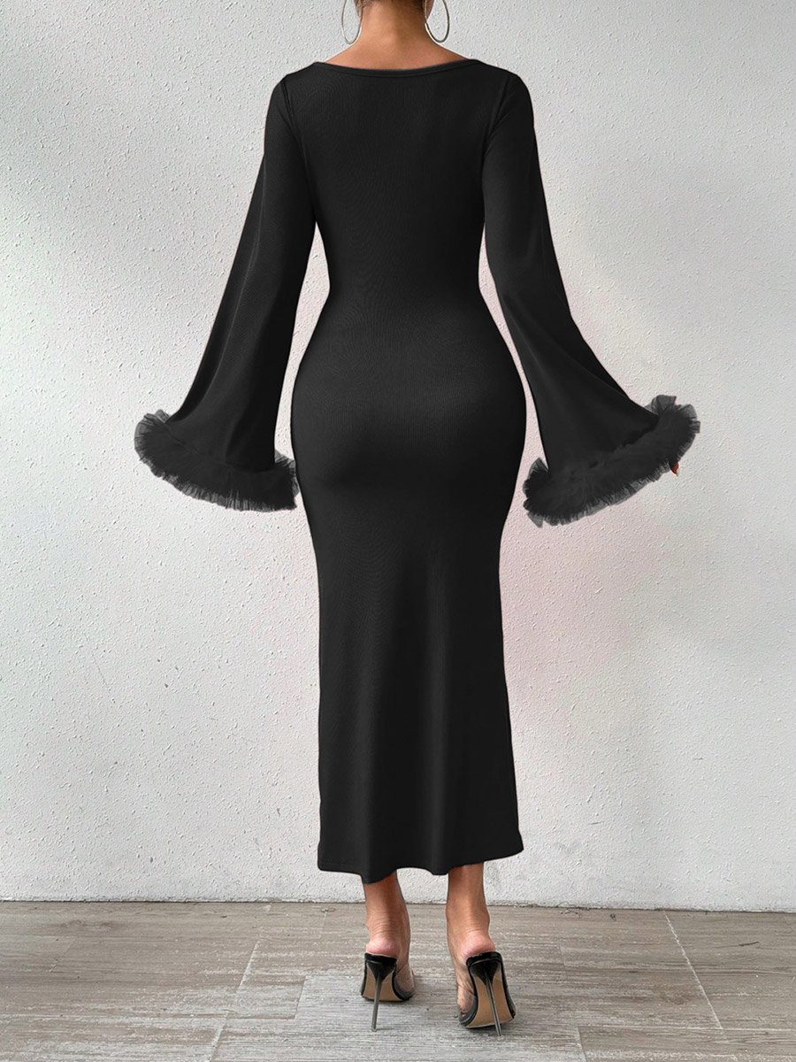 ruffle bodycon midi dress Inspire Chic Women's Ruffle Bodycon Split Wear To Work Midi Dresses, Size: Medium, Black