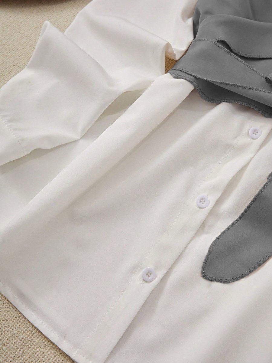 Color Block Button Up Bow Detail Top