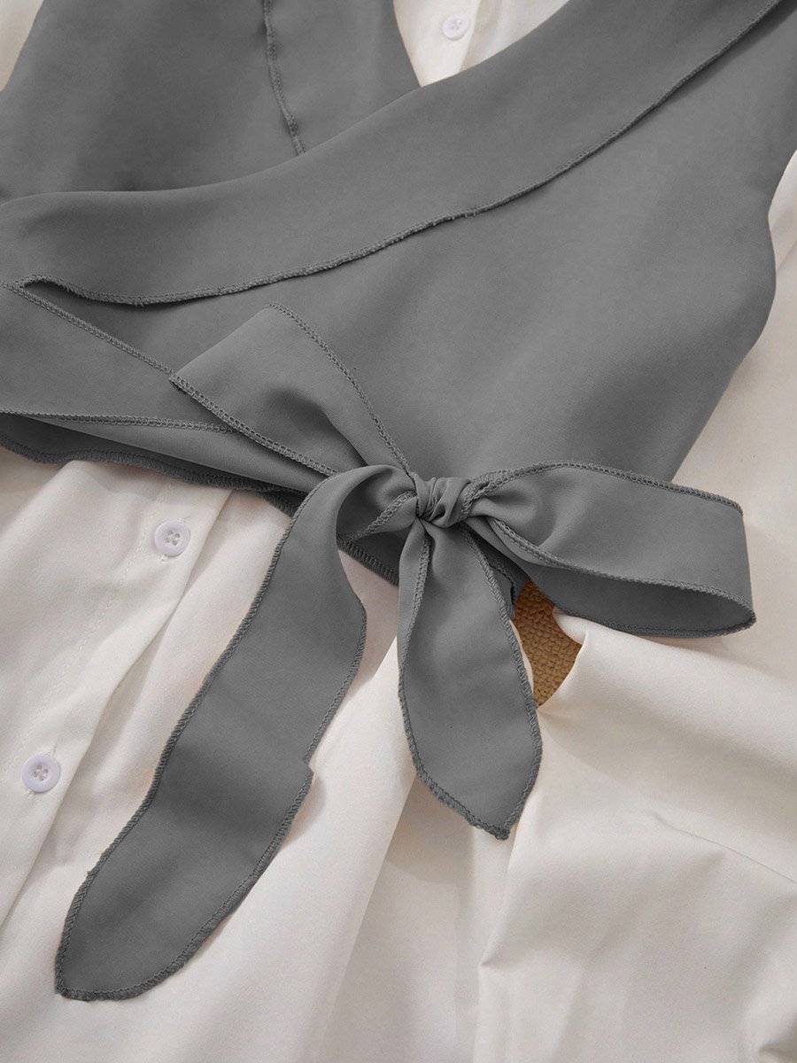 Color Block Button Up Bow Detail Top