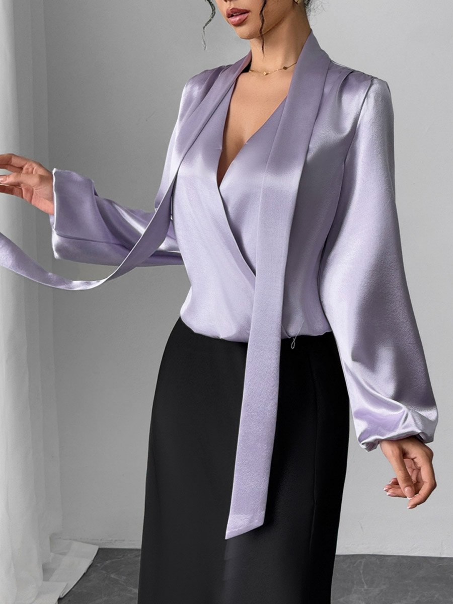 Solid V-Neck Balloon Sleeve Top with Scarf