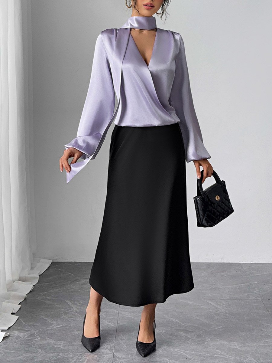 Solid V-Neck Balloon Sleeve Top with Scarf