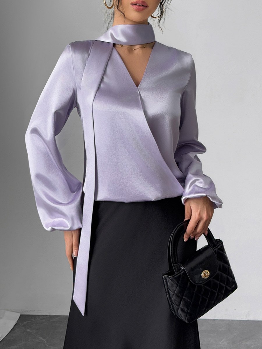 Solid V-Neck Balloon Sleeve Top with Scarf