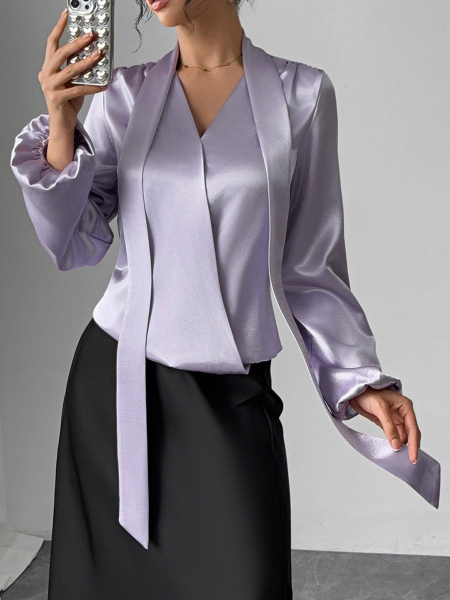 Solid V-Neck Balloon Sleeve Top with Scarf