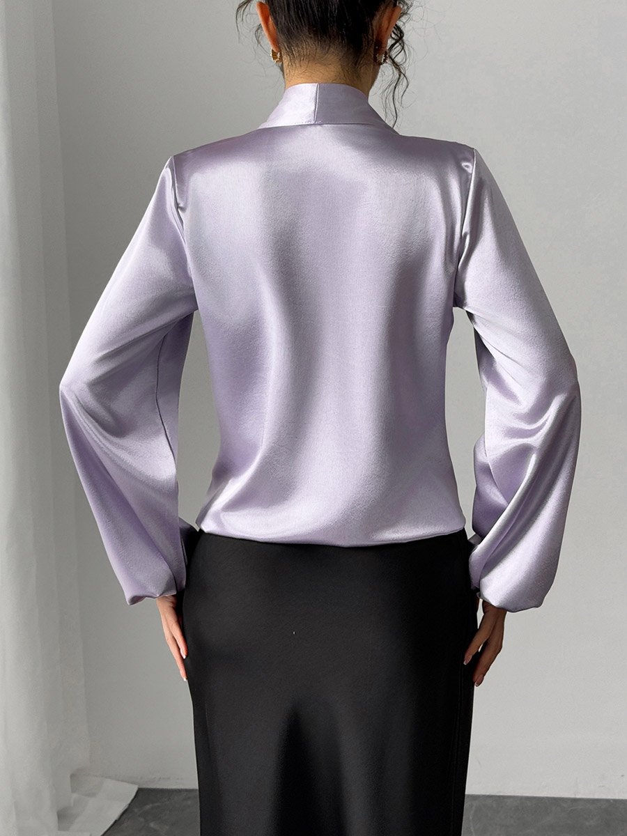 Solid V-Neck Balloon Sleeve Top with Scarf