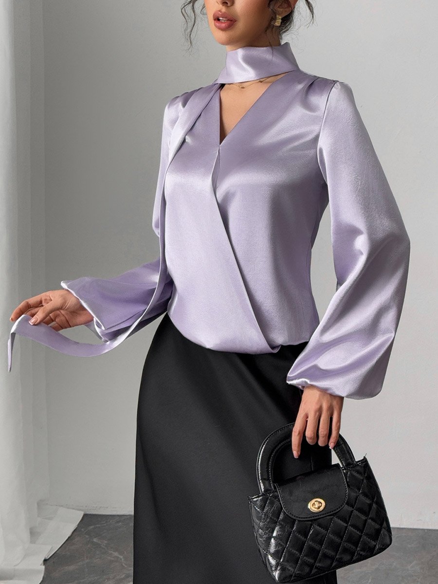 Solid V-Neck Balloon Sleeve Top with Scarf