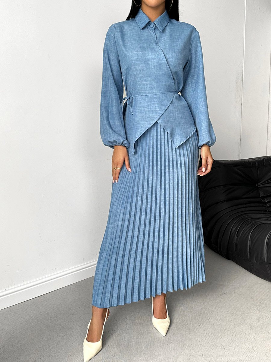 Solid Wrap Top and Pleated Skirt Co-Ords