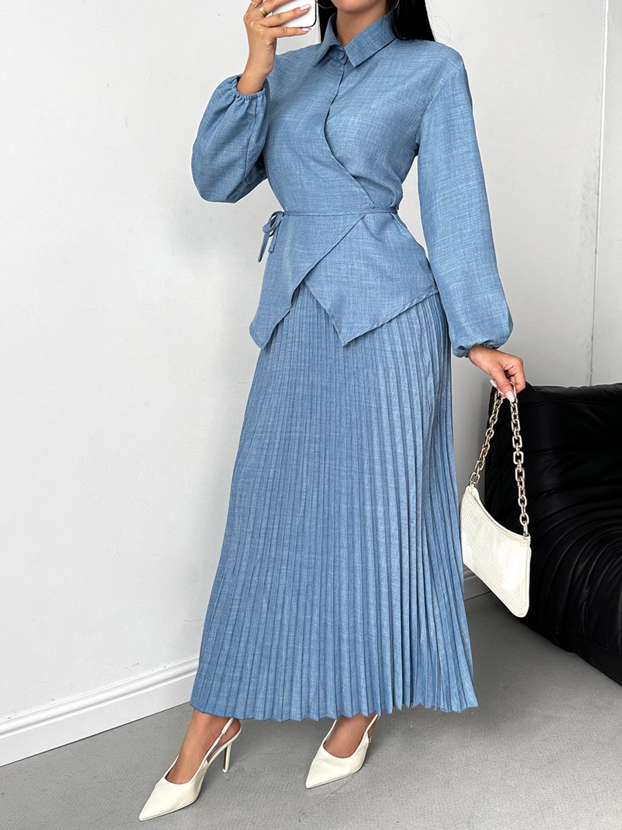 Solid Wrap Top and Pleated Skirt Co-Ords
