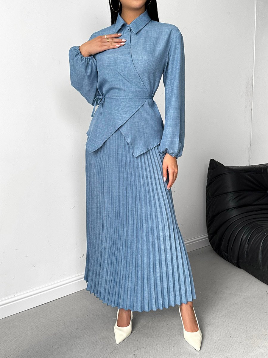 Solid Wrap Top and Pleated Skirt Co-Ords