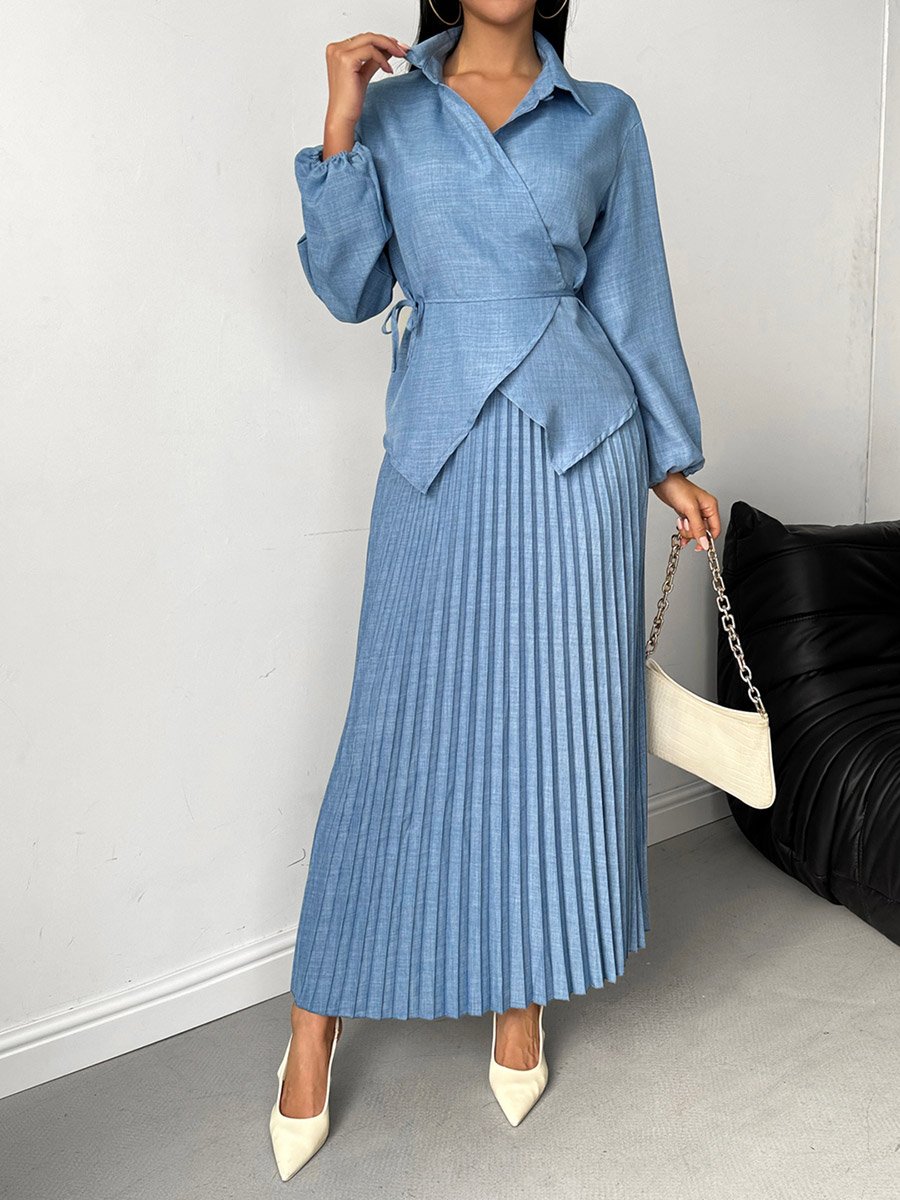 Solid Wrap Top and Pleated Skirt Co-Ords