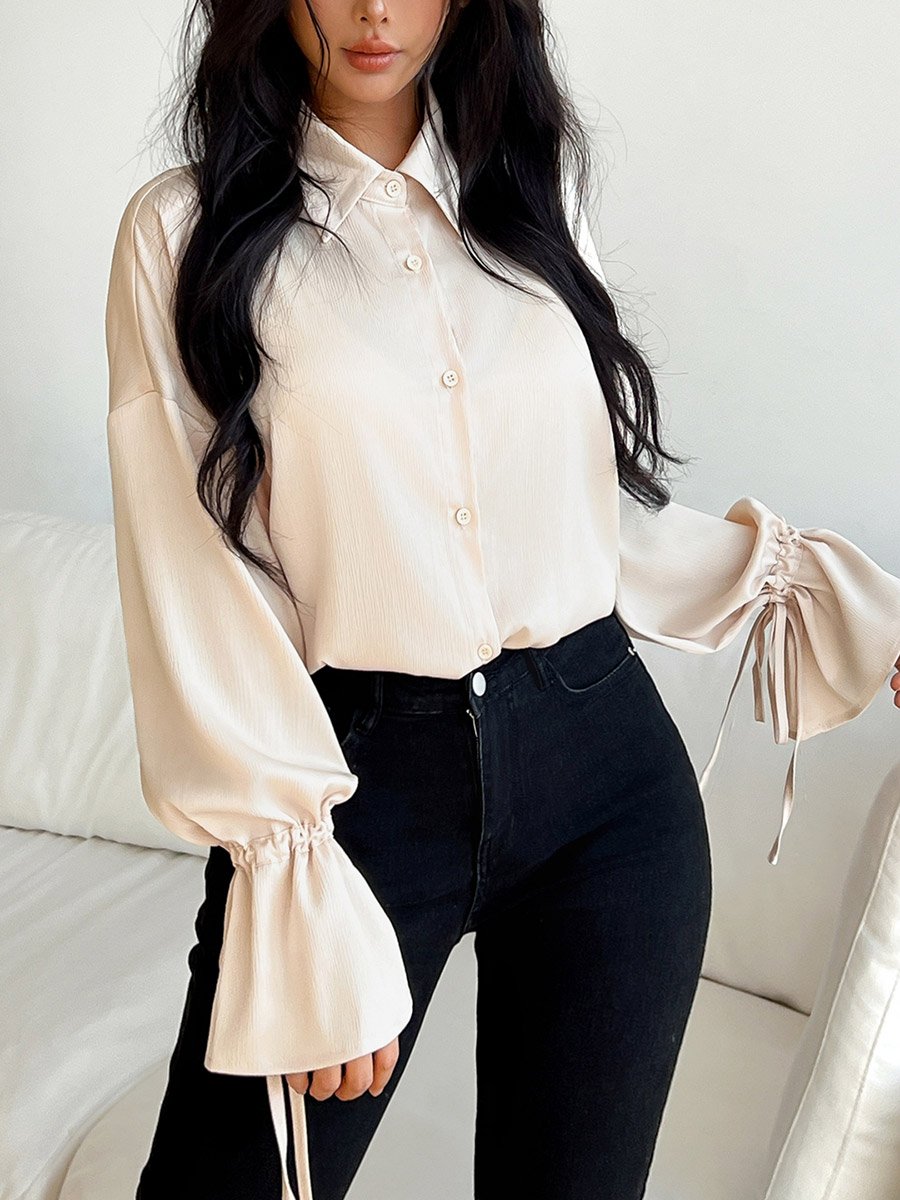 Beige Solid Buttoned Long Sleeve Shirt