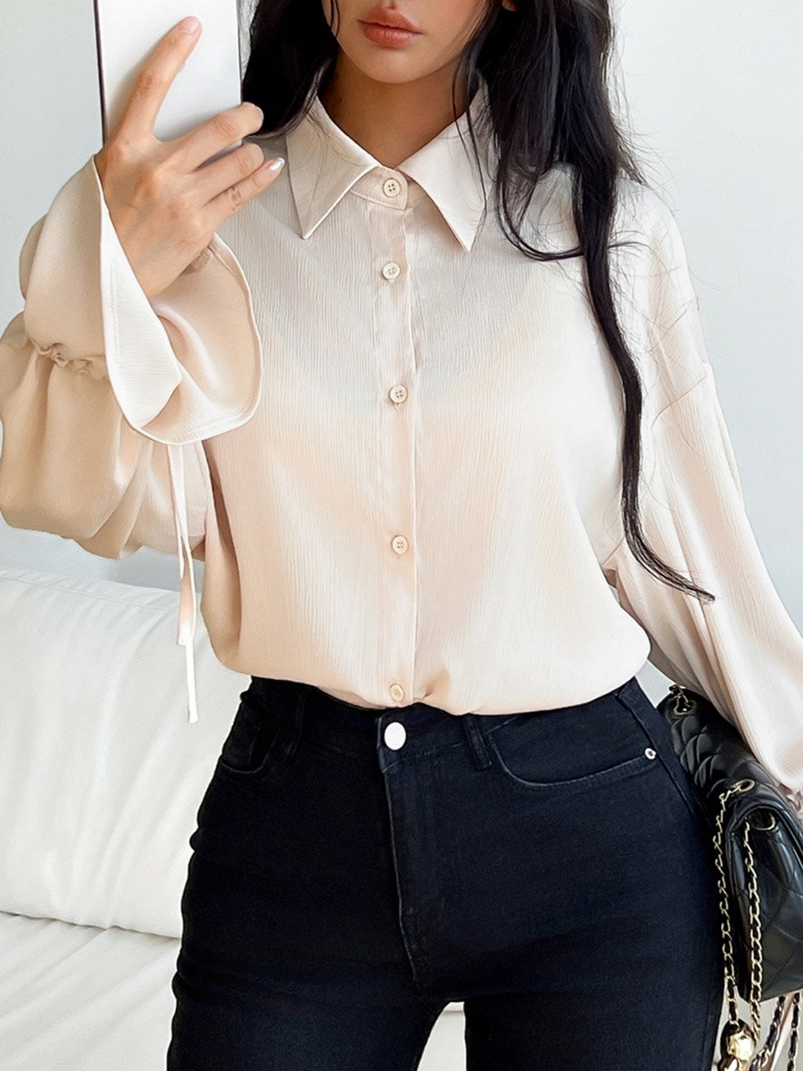 Beige Solid Buttoned Long Sleeve Shirt
