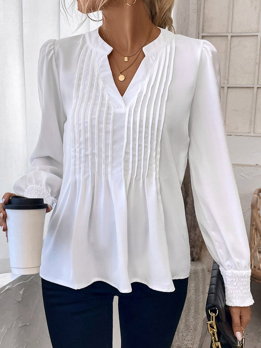 Solid Puff Sleeve Pintuck Detail Top