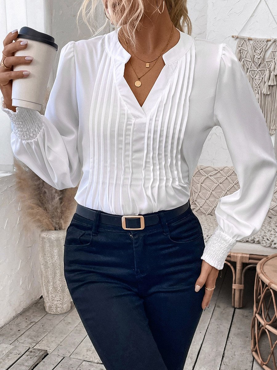 Solid Puff Sleeve Pintuck Detail Top