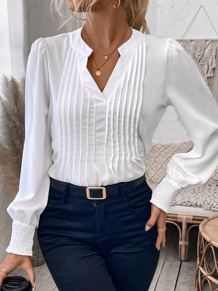 Solid Puff Sleeve Pintuck Detail Top