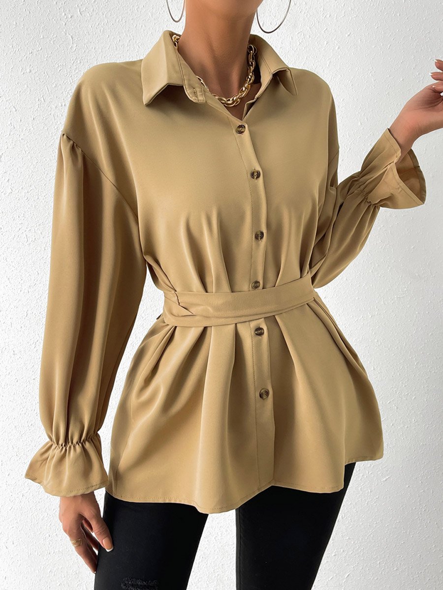 Solid Drop Shoulder Button Front Belted Shirt