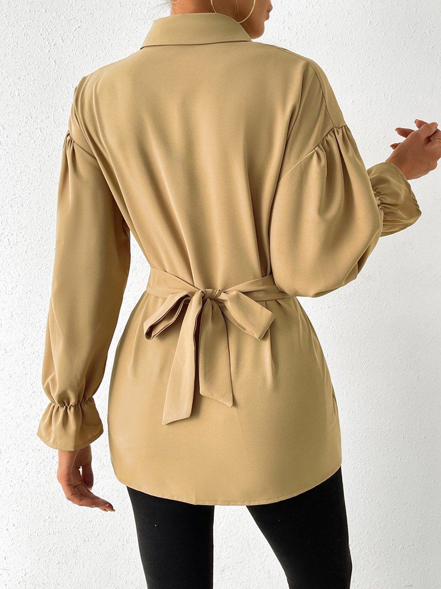 Solid Drop Shoulder Button Front Belted Shirt