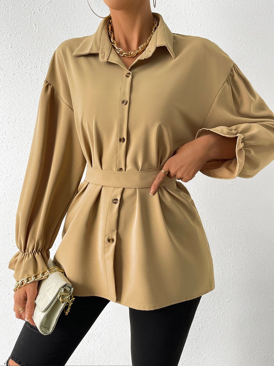 Solid Drop Shoulder Button Front Belted Shirt