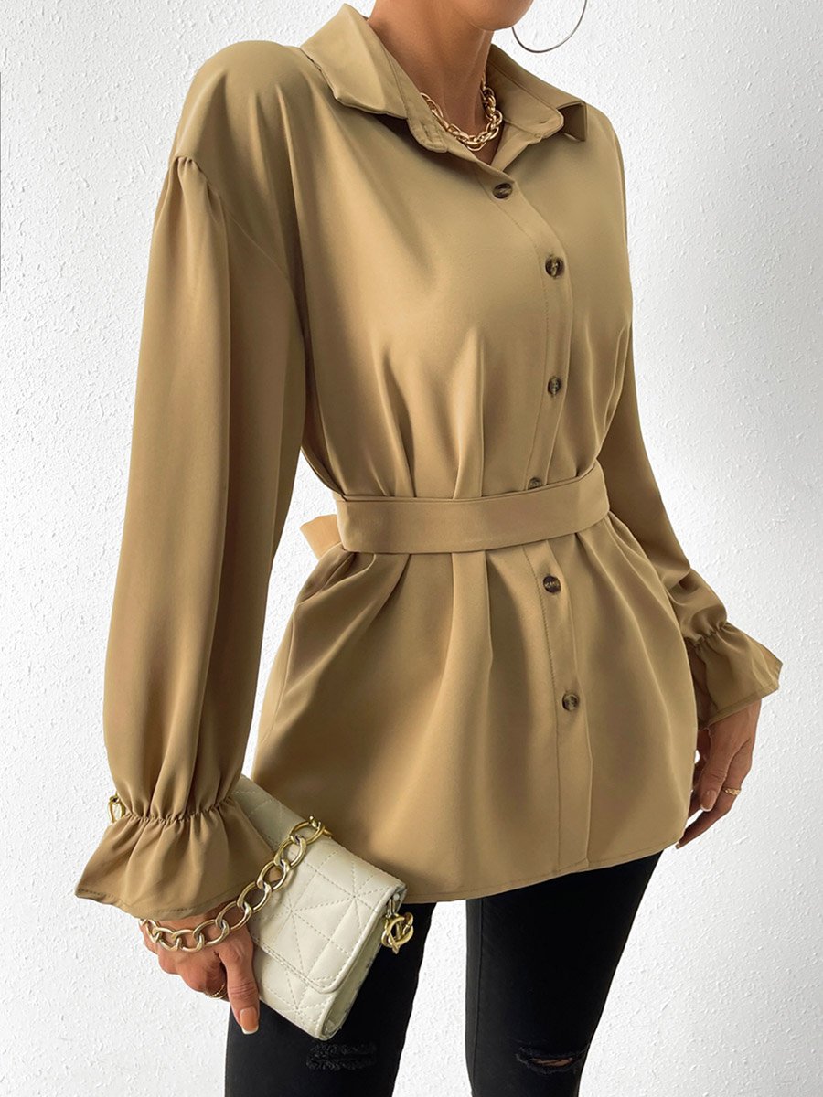 Solid Drop Shoulder Button Front Belted Shirt