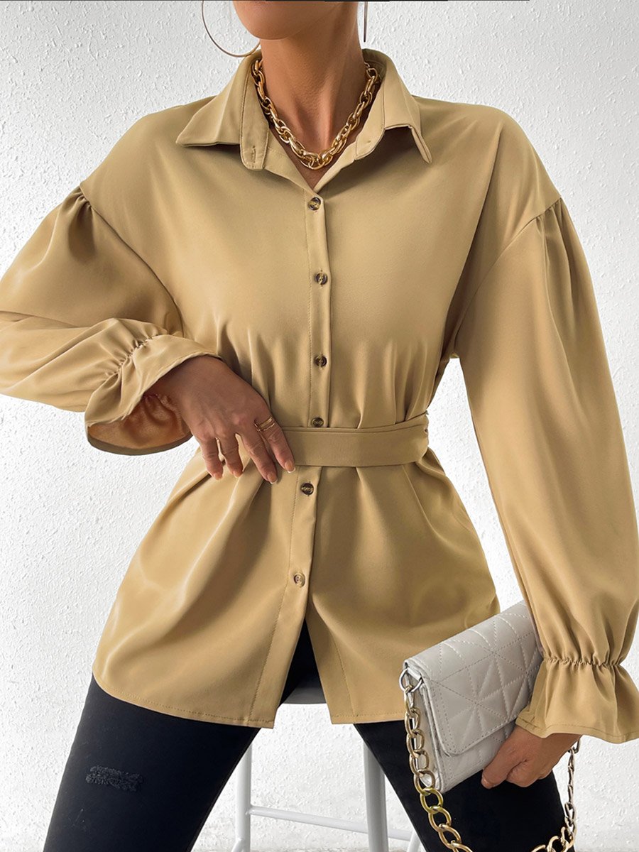 Solid Drop Shoulder Button Front Belted Shirt