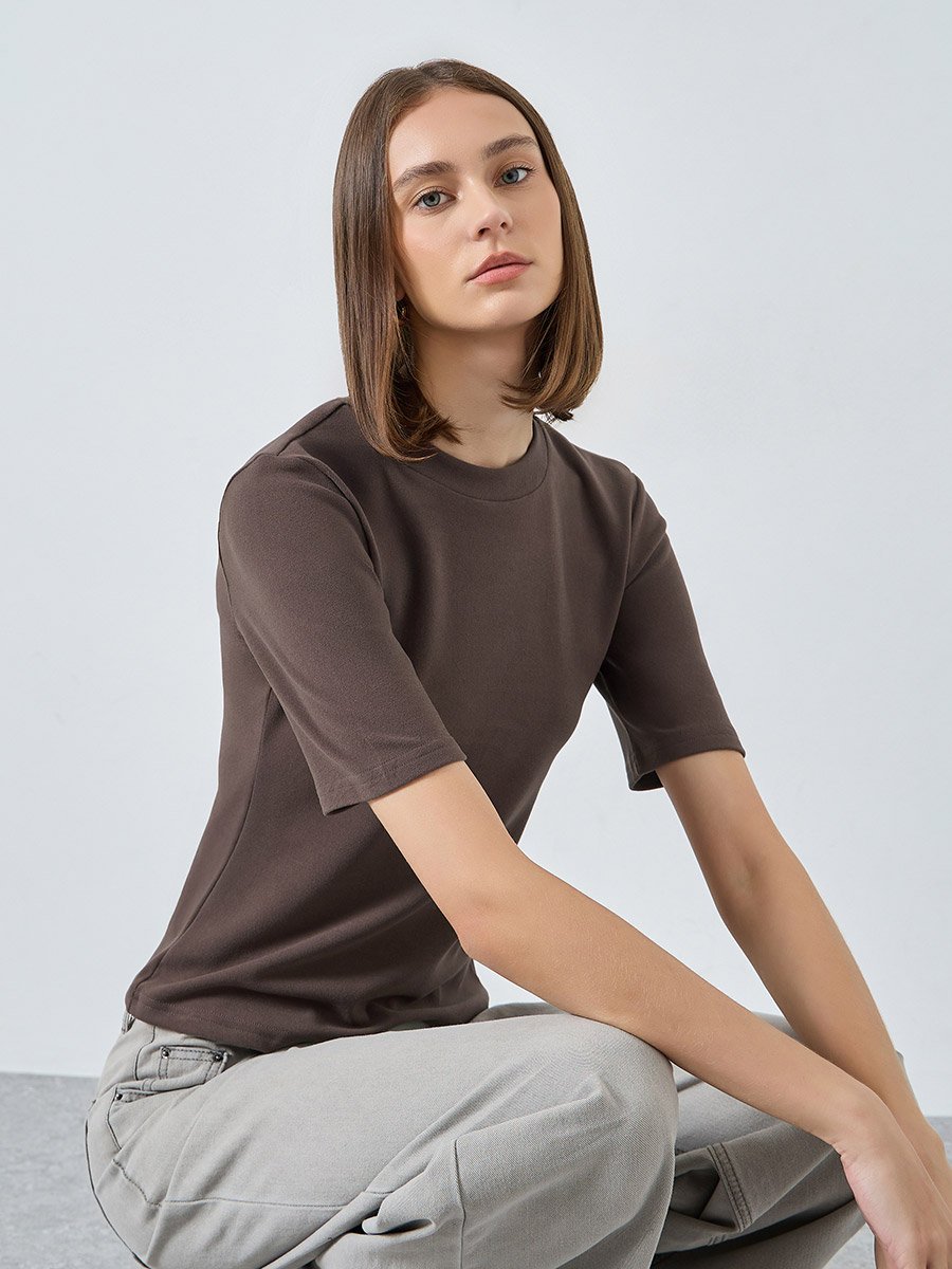Brown Fitted Knit T-Shirt