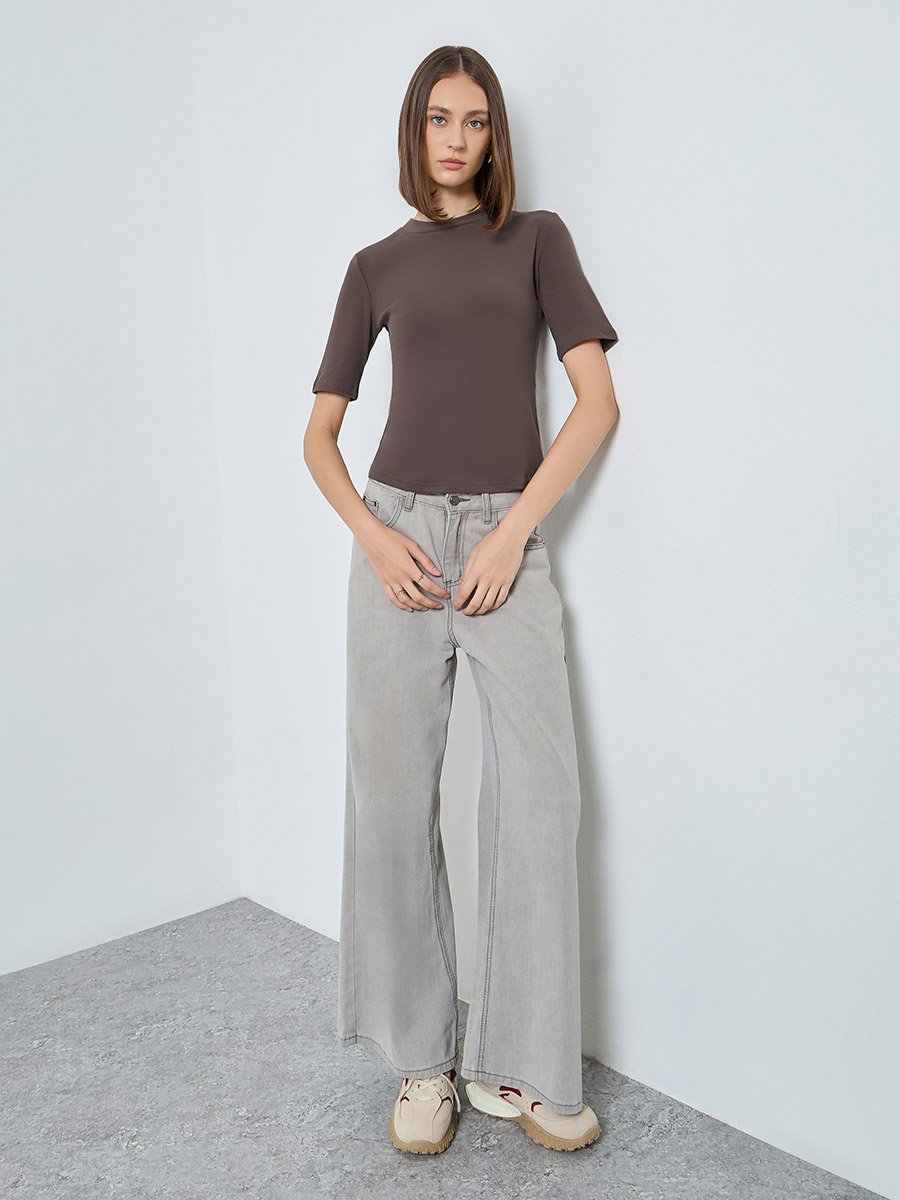 Brown Fitted Knit T-Shirt