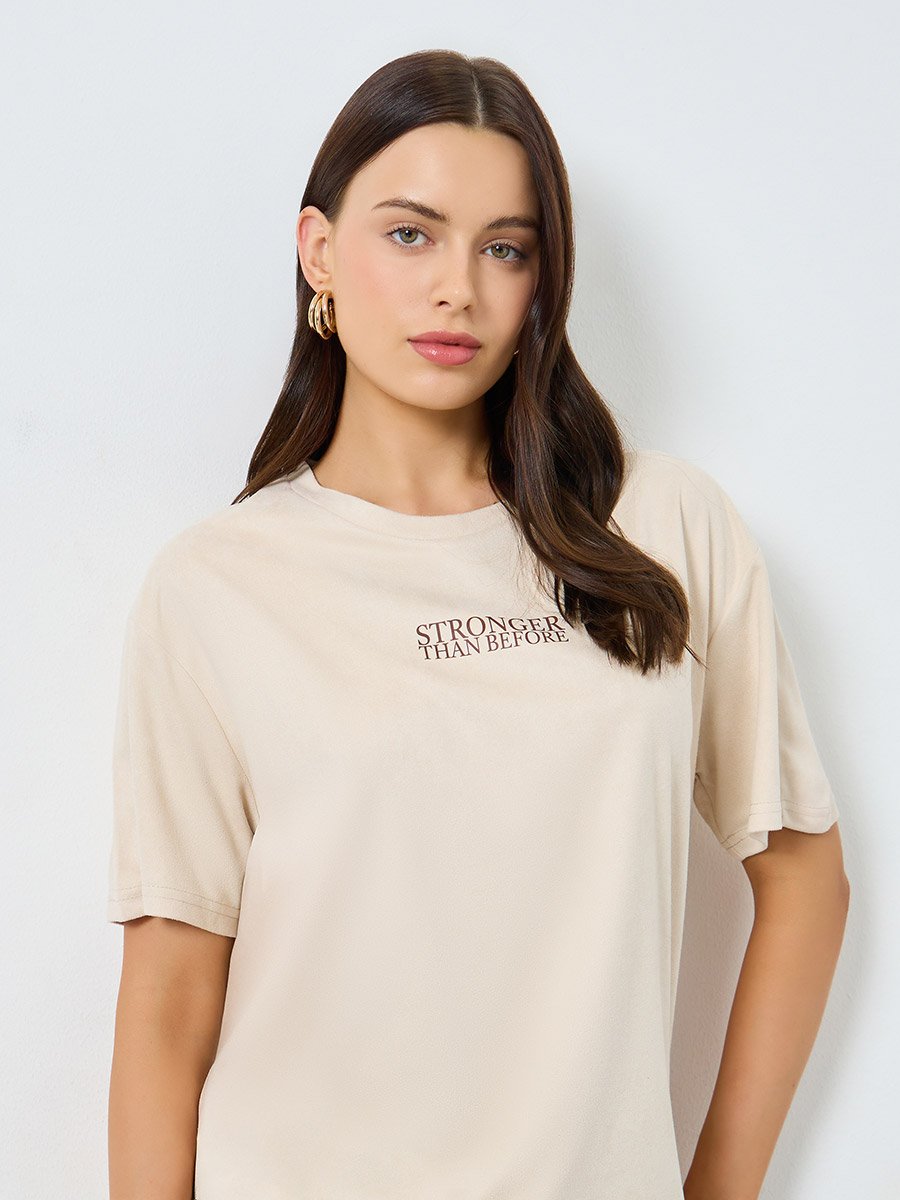Beige Oversized Slogan T-Shirt