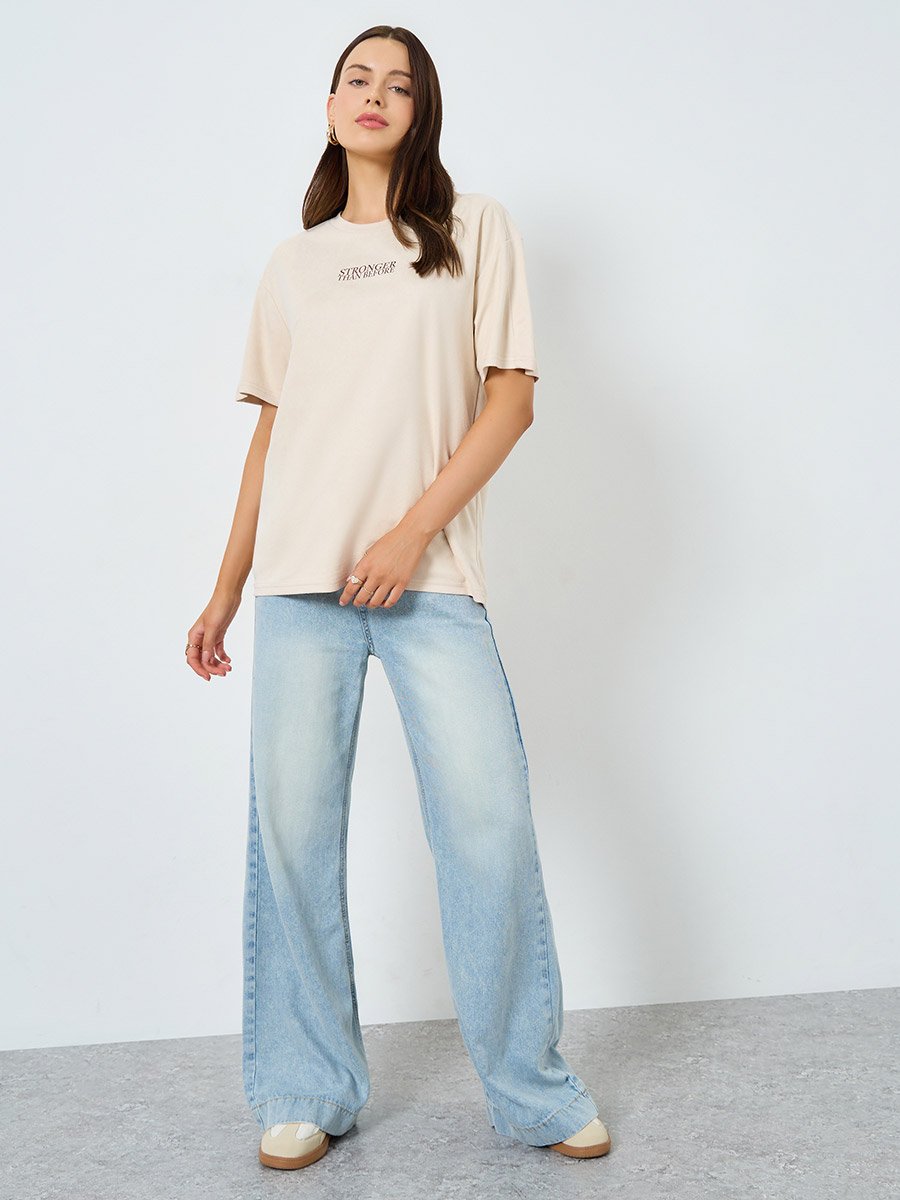Beige Oversized Slogan T-Shirt