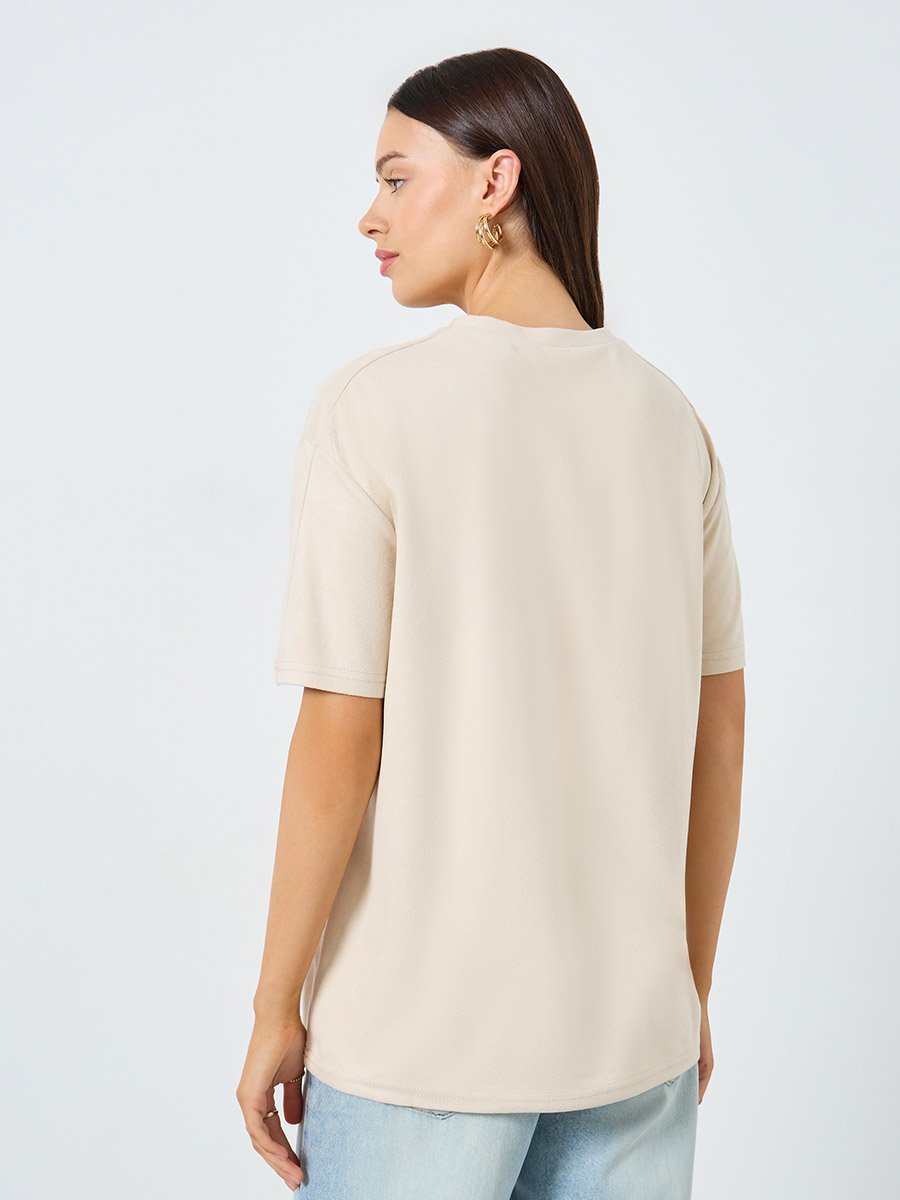 Beige Oversized Slogan T-Shirt