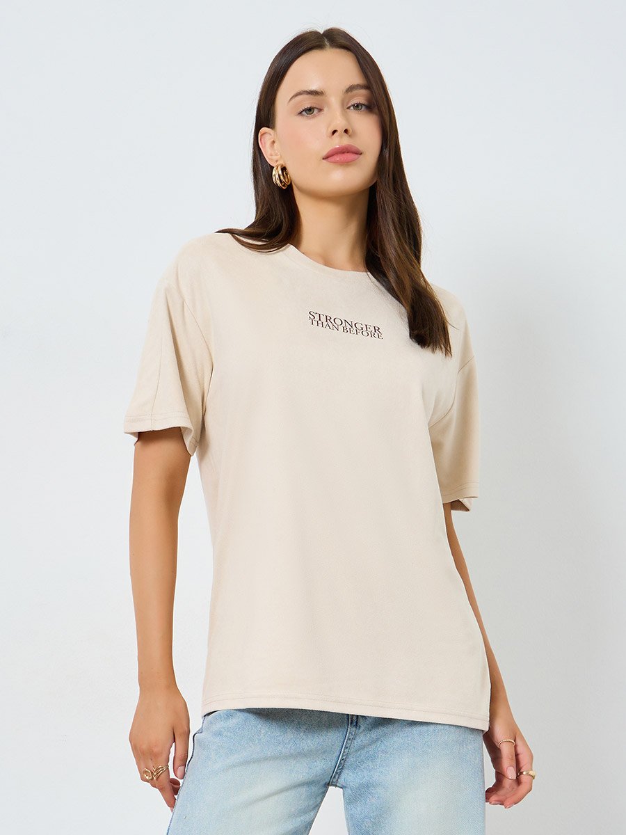 Beige Oversized Slogan T-Shirt