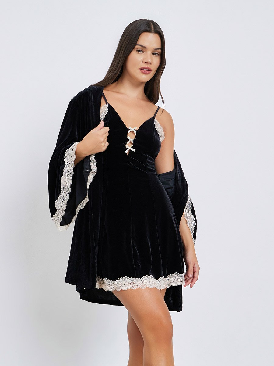 Contrast Lace Trim Velvet Slip Dress with Robe