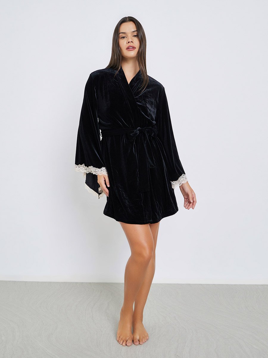 Contrast Lace Trim Velvet Slip Dress with Robe