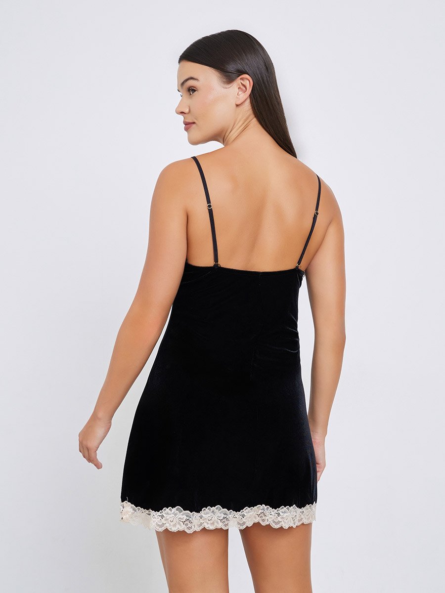 Contrast Lace Trim Velvet Slip Dress with Robe